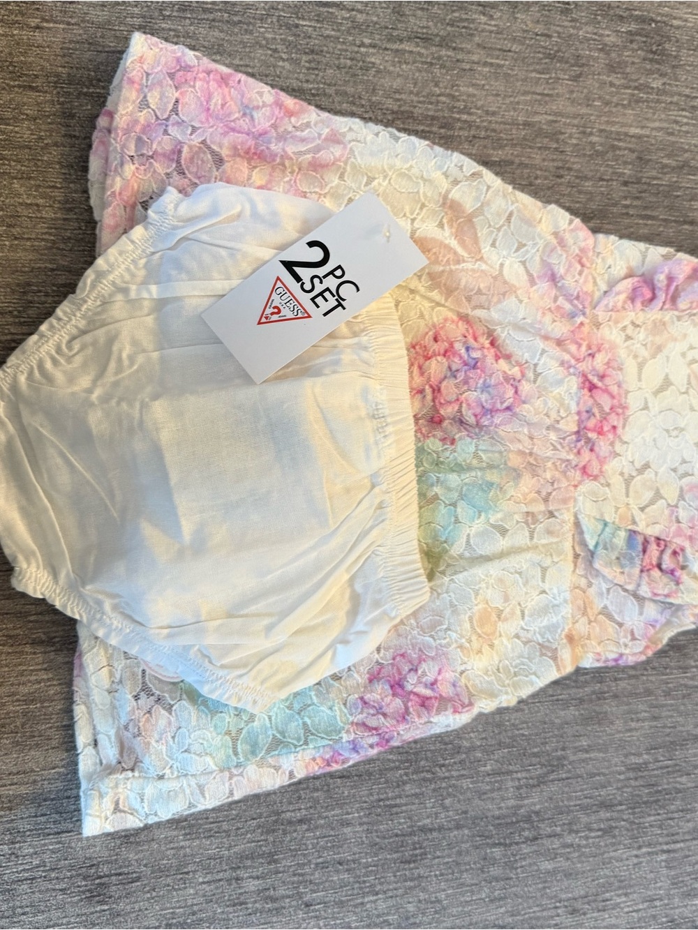 GUESS Girls' White Lace Floral Dress - Pastel Pink & Mint Accents